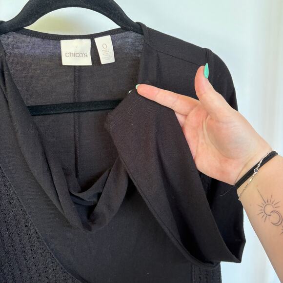 Chico’s Black Patchwork Boho Cowl Neck Shabby Chic Sharkbite Blouse Gypsy Witch - Picture 3 of 9